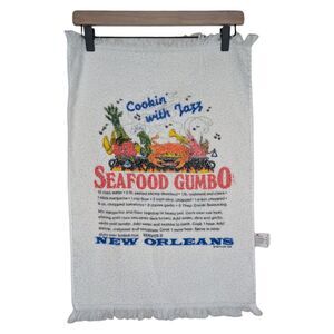 Vintage New Orleans Seafood Gumbo Recipe Kitchen‎ Hand Dish Towel Cooking 1989